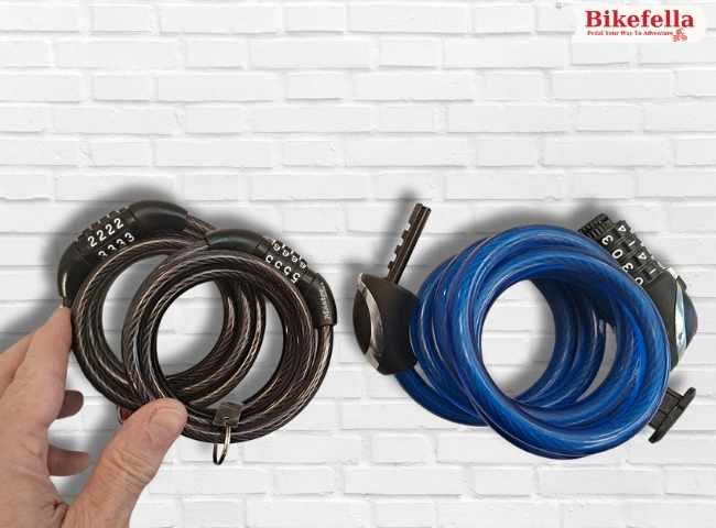 Black cable lock wrapped around bike